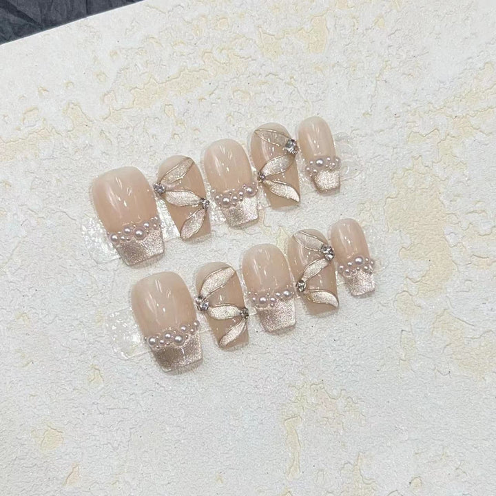 Luxurious Decorative Press-On Nail Set with Pearl and Gemstone Accents Kalsten