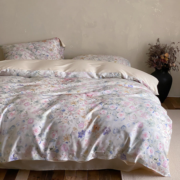 Premium cotton satin duvet cover set with floral jacquard relief and button closure