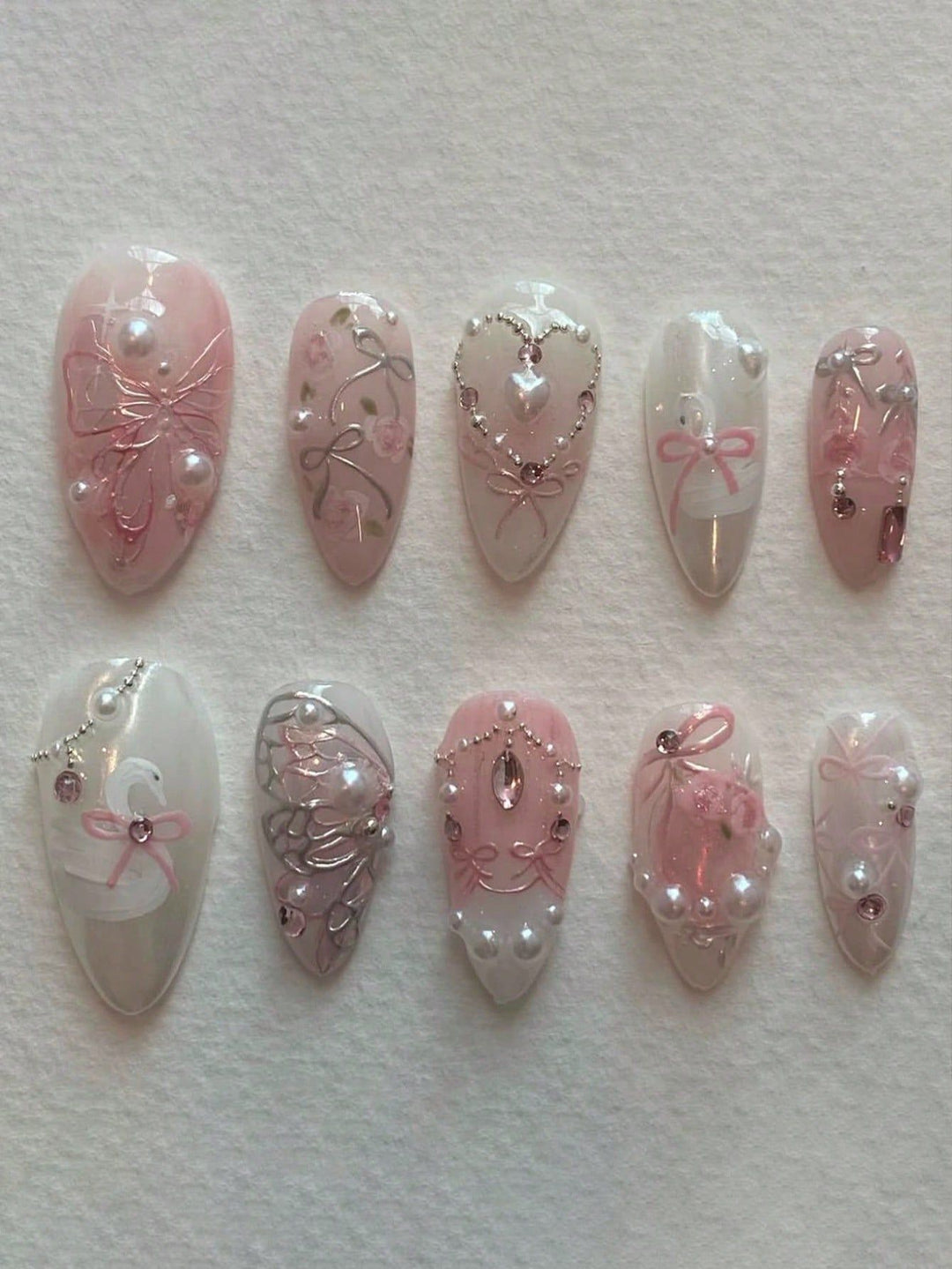 Decorative 3D Bow and Pearl Press-On Nail Art Kalsten