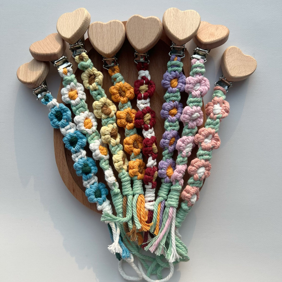 Cotton Crochet Floral Pacifier and Teether Clip with Wooden Heart Safety Clip