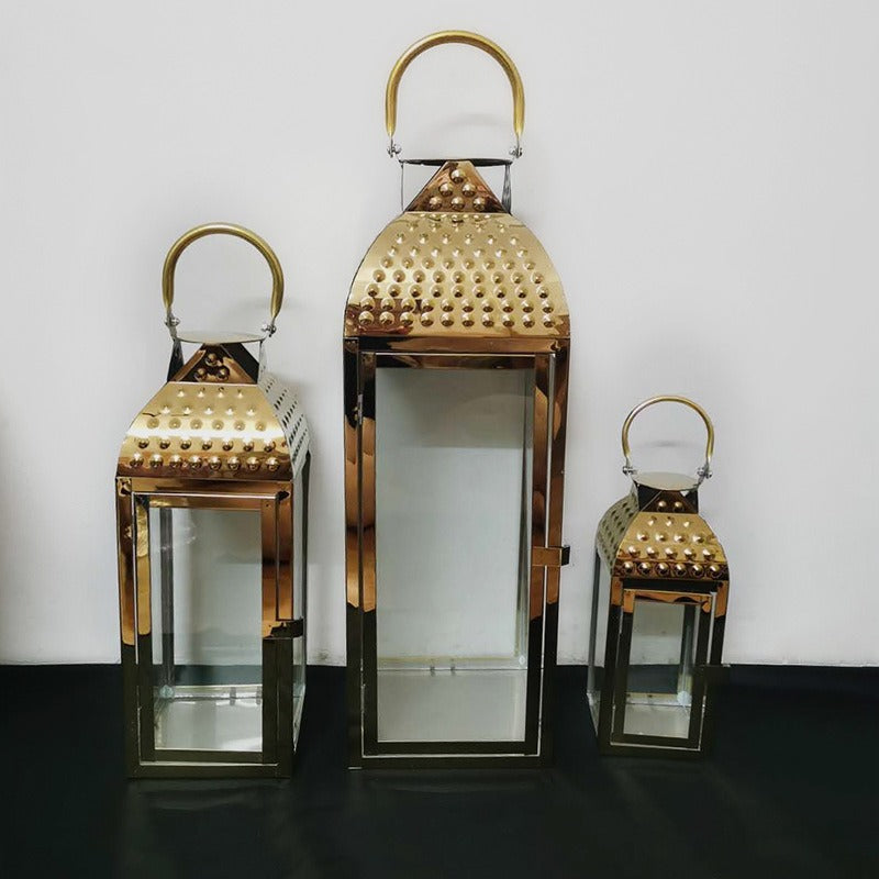 Decorative Metal and Glass Candle Lantern Set with Hinged Door Perforated Dome Top & Carry Handle Kalsten