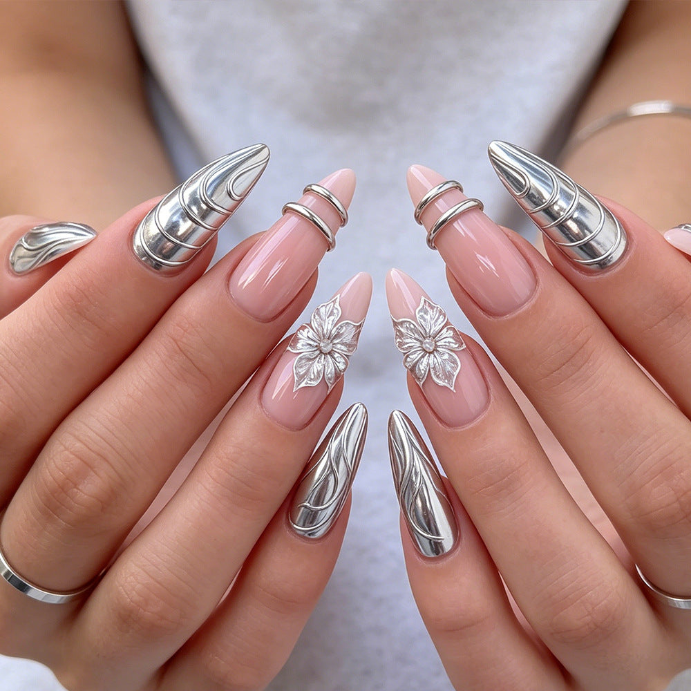 Elegant Metallic Floral Accent Press-On Nails Kalsten