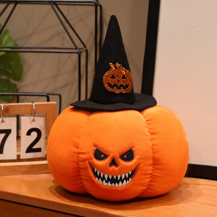 Plush pumpkin decoration figure with witch hat and embroidered spooky face