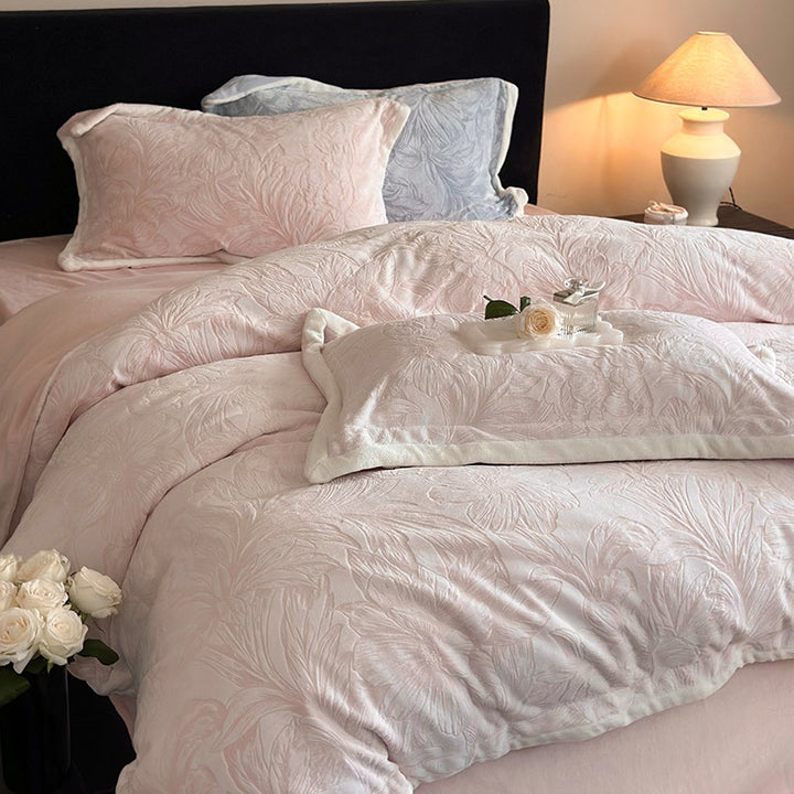 Quilted Velvet Duvet Cover Set with Floral Relief and Soft Filling Edge
