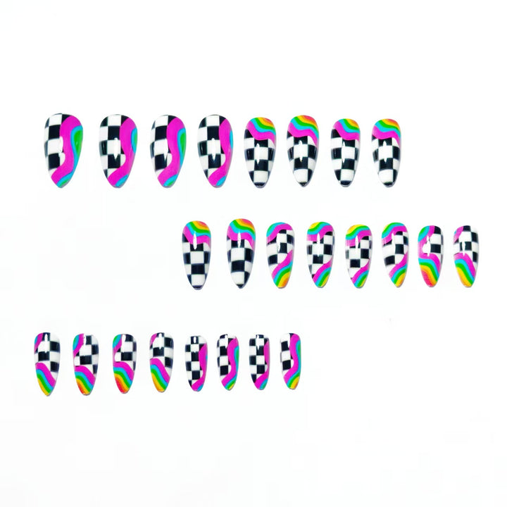 Creative artificial nails with colorful wave and checkerboard design Kalsten