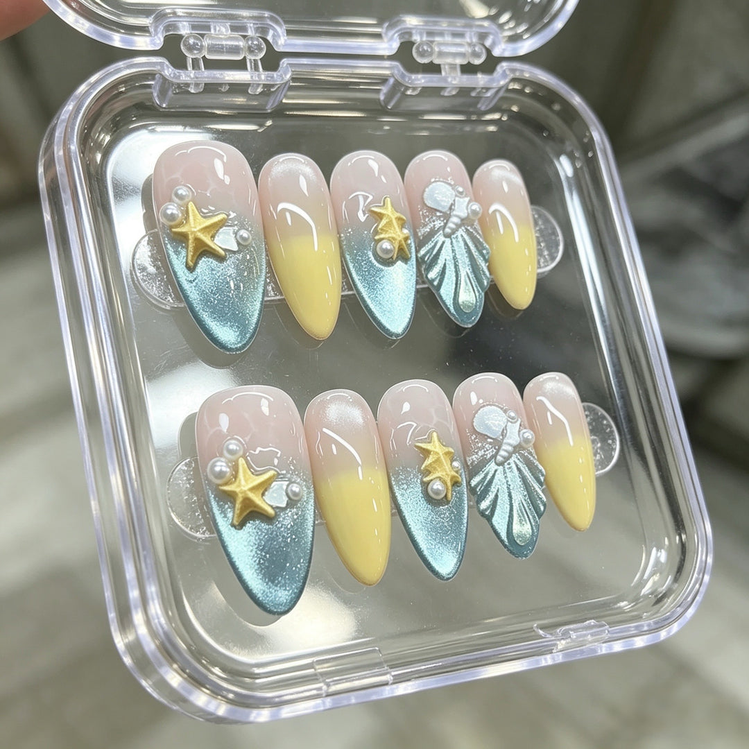 Decorative Press-On Nail Set with Ocean-Inspired Designs Kalsten
