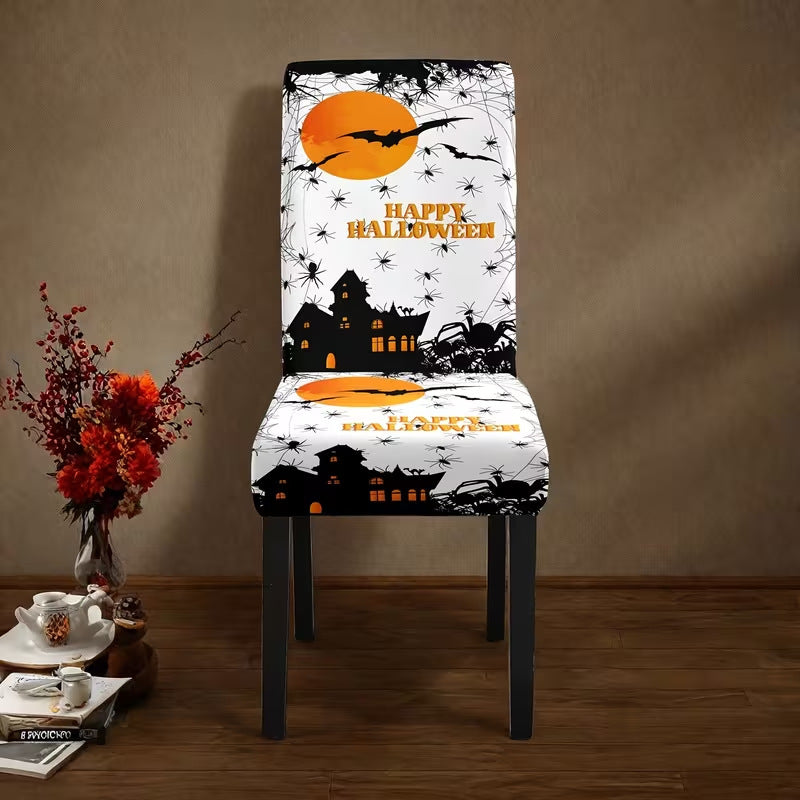 Elastic chair cover with Halloween castle and witch motif, stretchable chair cover for backrest and seat
