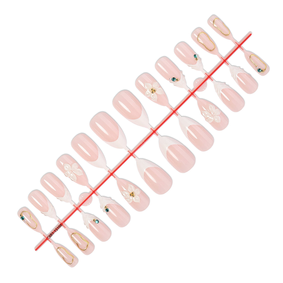 Acrylic nail set with elegant flower and rhinestone decorations Kalsten