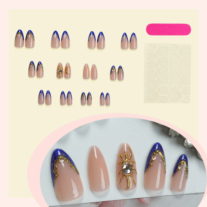 Premium Decorative Press-On Nail Set with Gold and Blue Accent Designs Kalsten