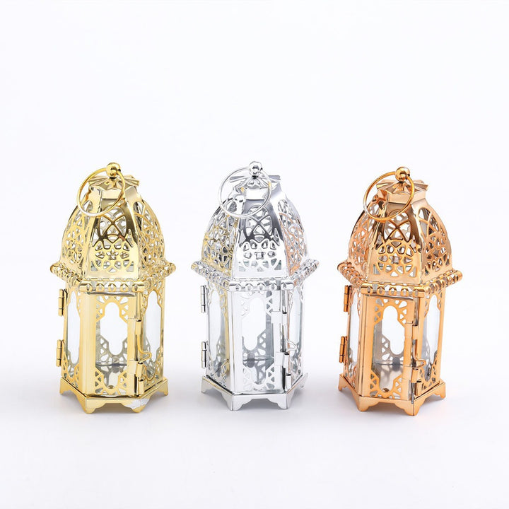 Intricate Cutwork Metal Tealight Lantern with Hinged Glass Panels Kalsten