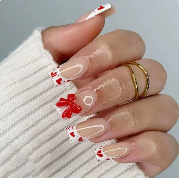 Artificial Nail Set with Romantic Heart and Bow Designs Kalsten