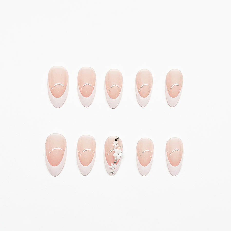 Acrylic Nail Set with Filigree Flower Decorations and Elegant French Design Kalsten