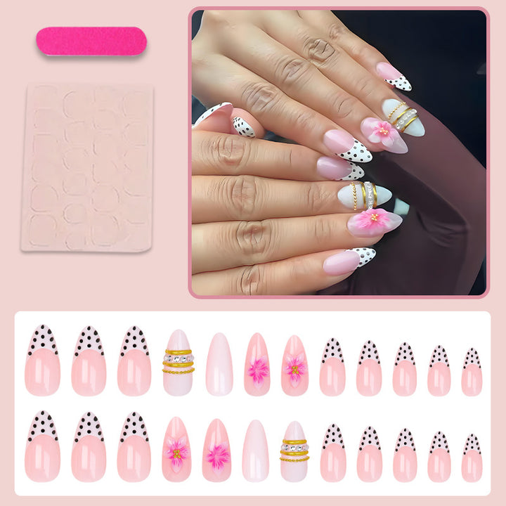 Acrylic nail set with romantic floral patterns and elegant glitter decorations Kalsten