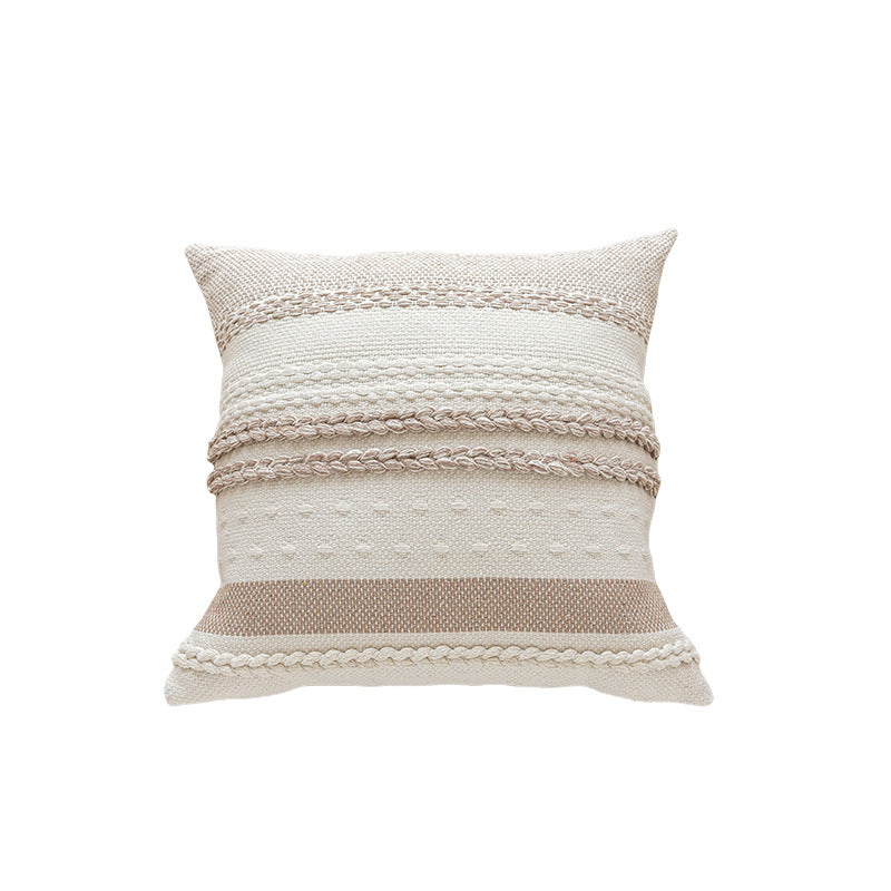 Woven Cotton Textured Lumbar Throw Pillow Cover with Braided Stripe Embellishments