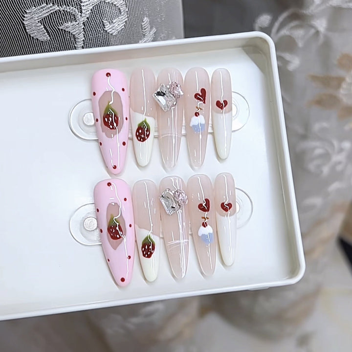Decorative Press-On Nail Art Set with Fruit and Gem Accents Kalsten