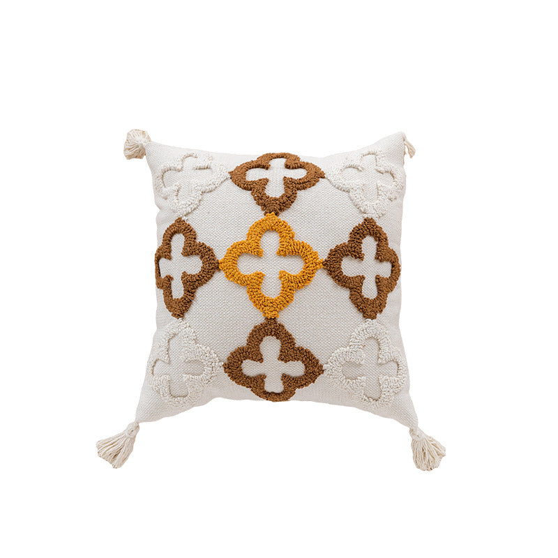 Tufted Quatrefoil Cotton Throw Pillow Cover with Corner Tassels and Hidden Zipper
