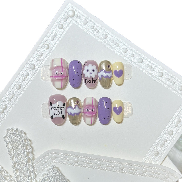 Playful Cartoon-Themed Press-On Nail Art Set Kalsten