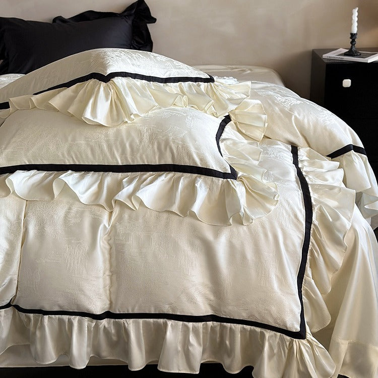 Luxurious cotton satin bedding set with jacquard texture, ruffles, and contrasting piping