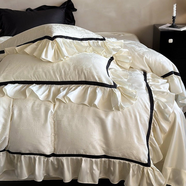 Luxurious cotton satin bedding set with jacquard texture, ruffles, and contrasting piping