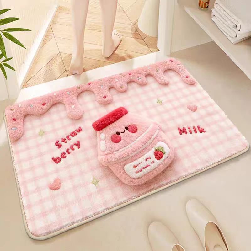 Playful Strawberry Milk-Themed Bath Mat