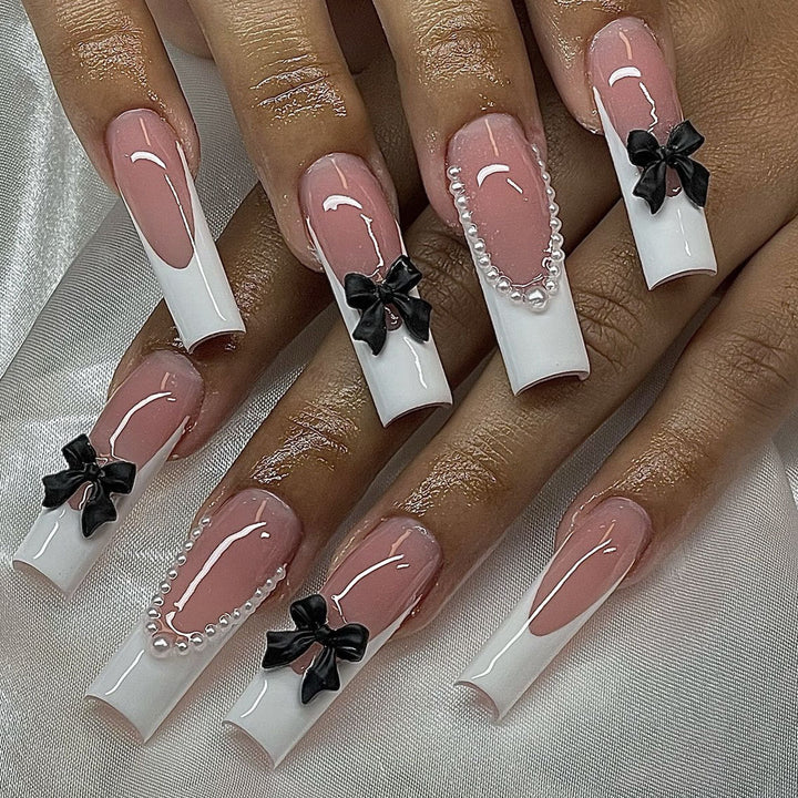 Elegant Press-On Nail Art Set with Pearl and Bow Accents Kalsten