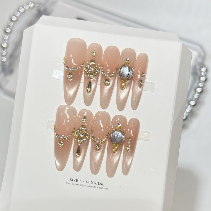 Decorative Stiletto Press-On Nail Set with Elegant Gemstone Embellishments Kalsten