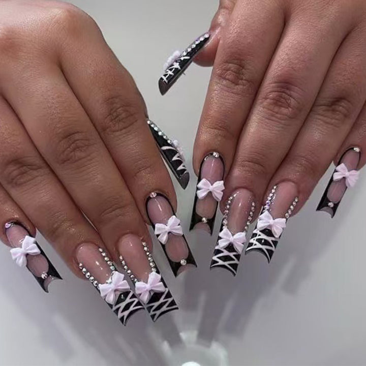 Stiletto Press-On Nail Set with Decorative Bow and Gem Accents Kalsten