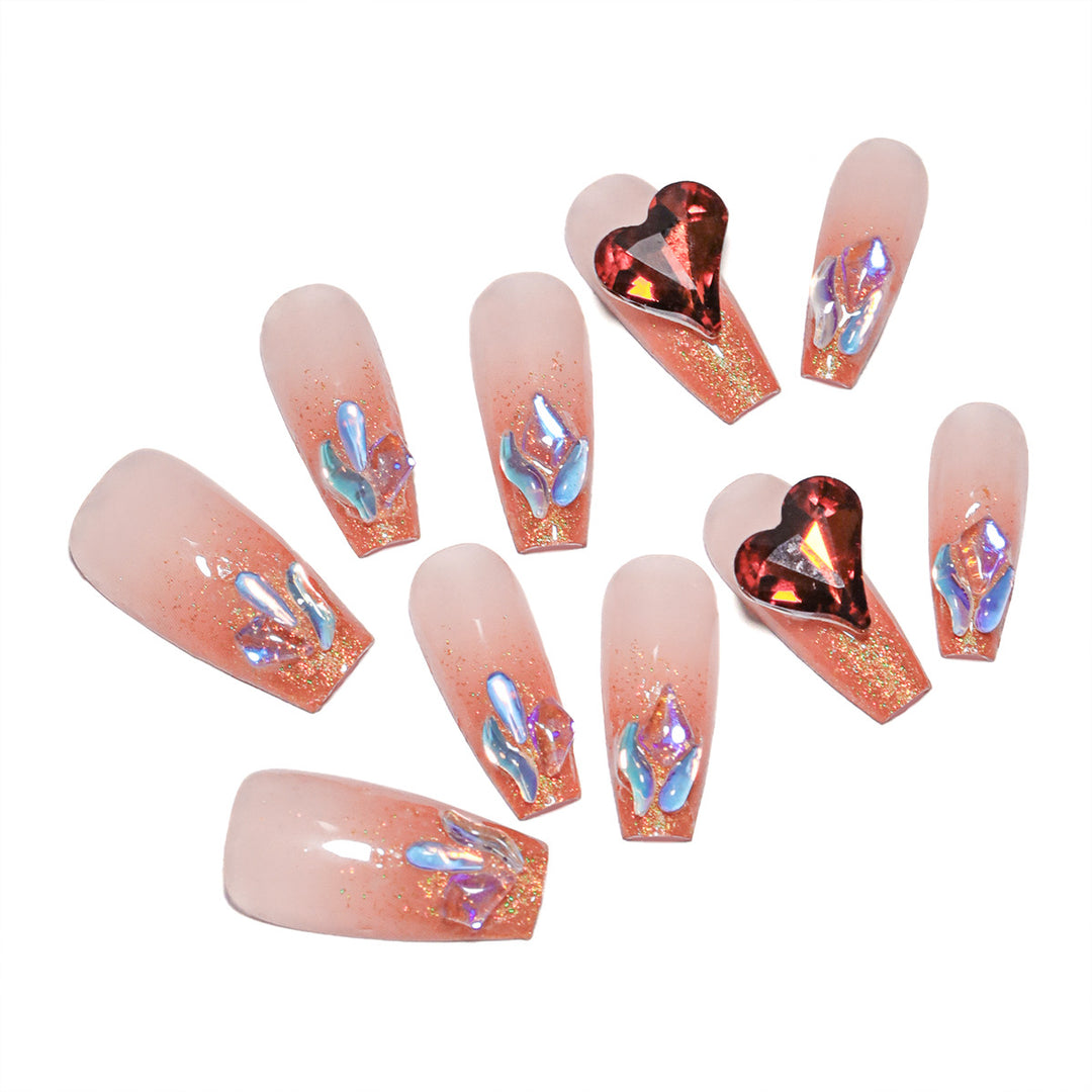 Artistic acrylic nails with heart design and sparkling accents Kalsten