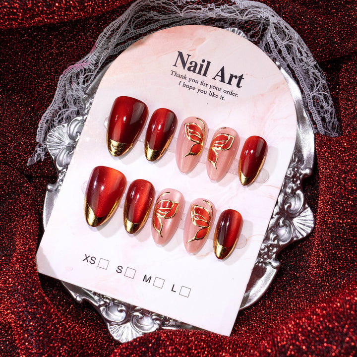 Artistic Press-On Nail Set with Floral and Metallic Accents Kalsten