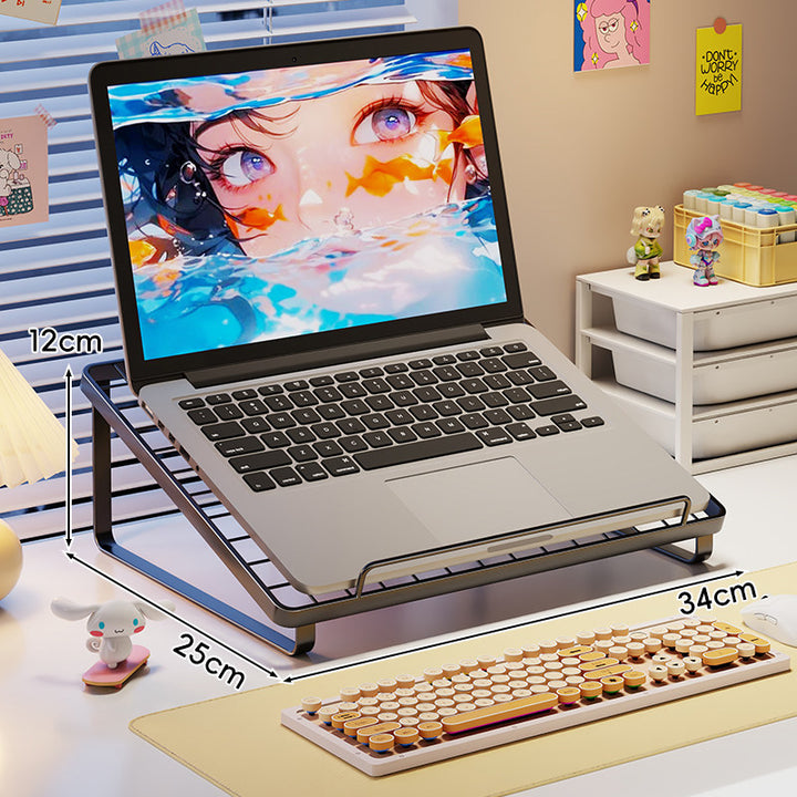 Ergonomic Angled Metal Laptop Stand Riser with Ventilated Grid and Front Stop