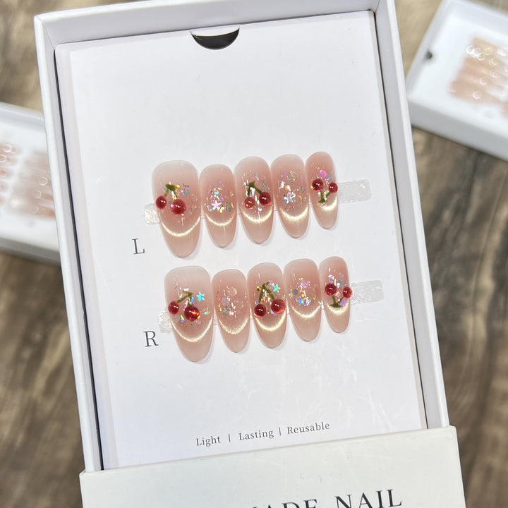 Handmade Cherry-Embossed Press-On Nail Set Kalsten