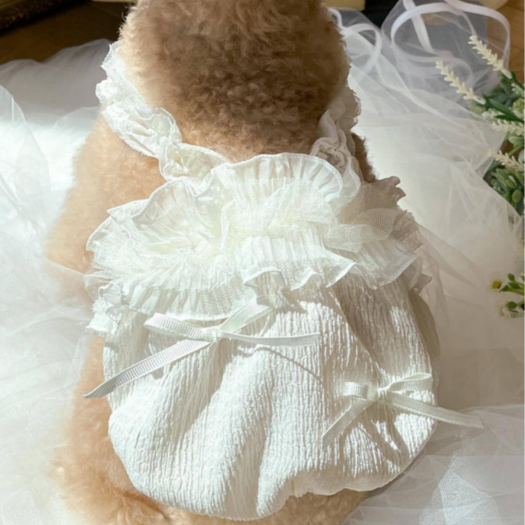 Infant Ruffle-Strap Textured Romper Dress with Organza Trim & Satin s