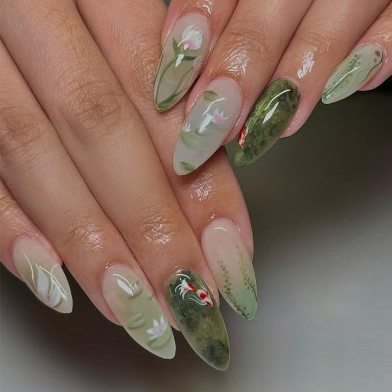 Acrylic nail set with floral designs and elegant accents Kalsten