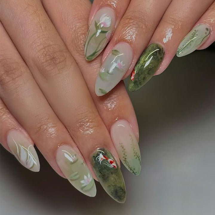 Acrylic nail set with floral designs and elegant accents Kalsten