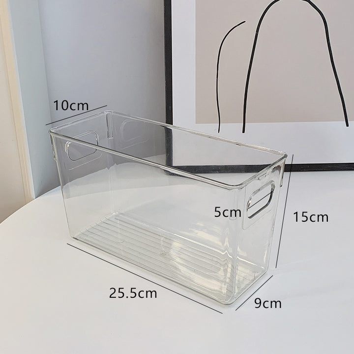 Flat transparent storage box with integrated handles and non-slip bottom