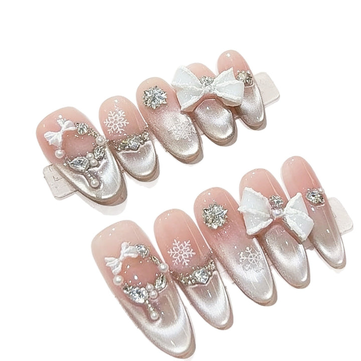 Decorative Press-On Nail Art Set with Snowflake and Bow Accents Kalsten