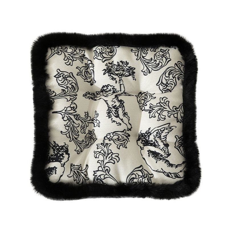 Decorative square seat cushion with baroque angel print and faux fur trim Kalsten