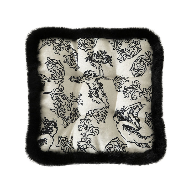 Decorative square seat cushion with baroque angel print and faux fur trim Kalsten
