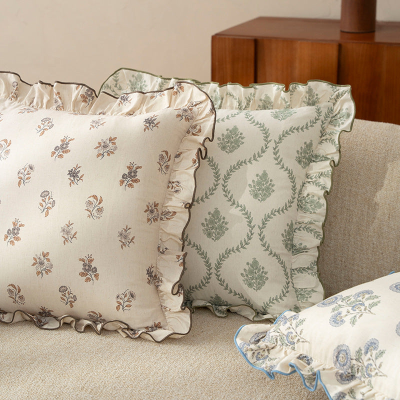 Decorative cushion with ruffles and botanical linen pattern Kalsten