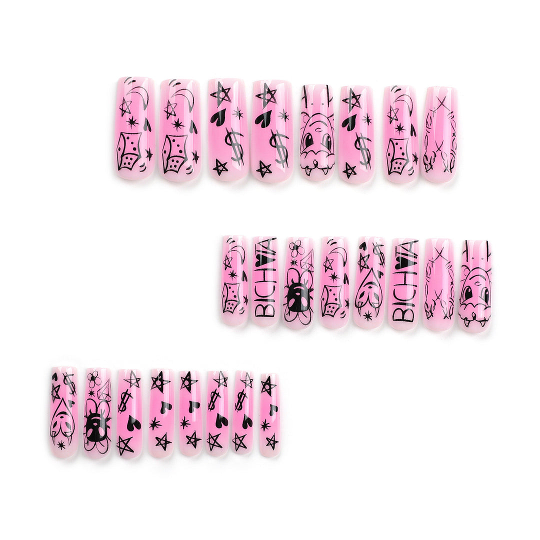 Artificial nail set with playful cartoon motif and shimmering accents Kalsten