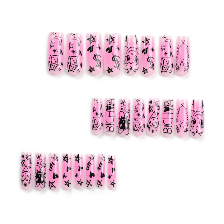 Artificial nail set with playful cartoon motif and shimmering accents Kalsten
