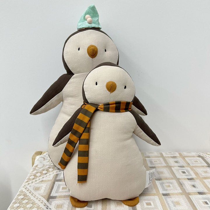Handcrafted Linen Elephant Plush Doll with Striped Ruffle Collar and Soft Romper