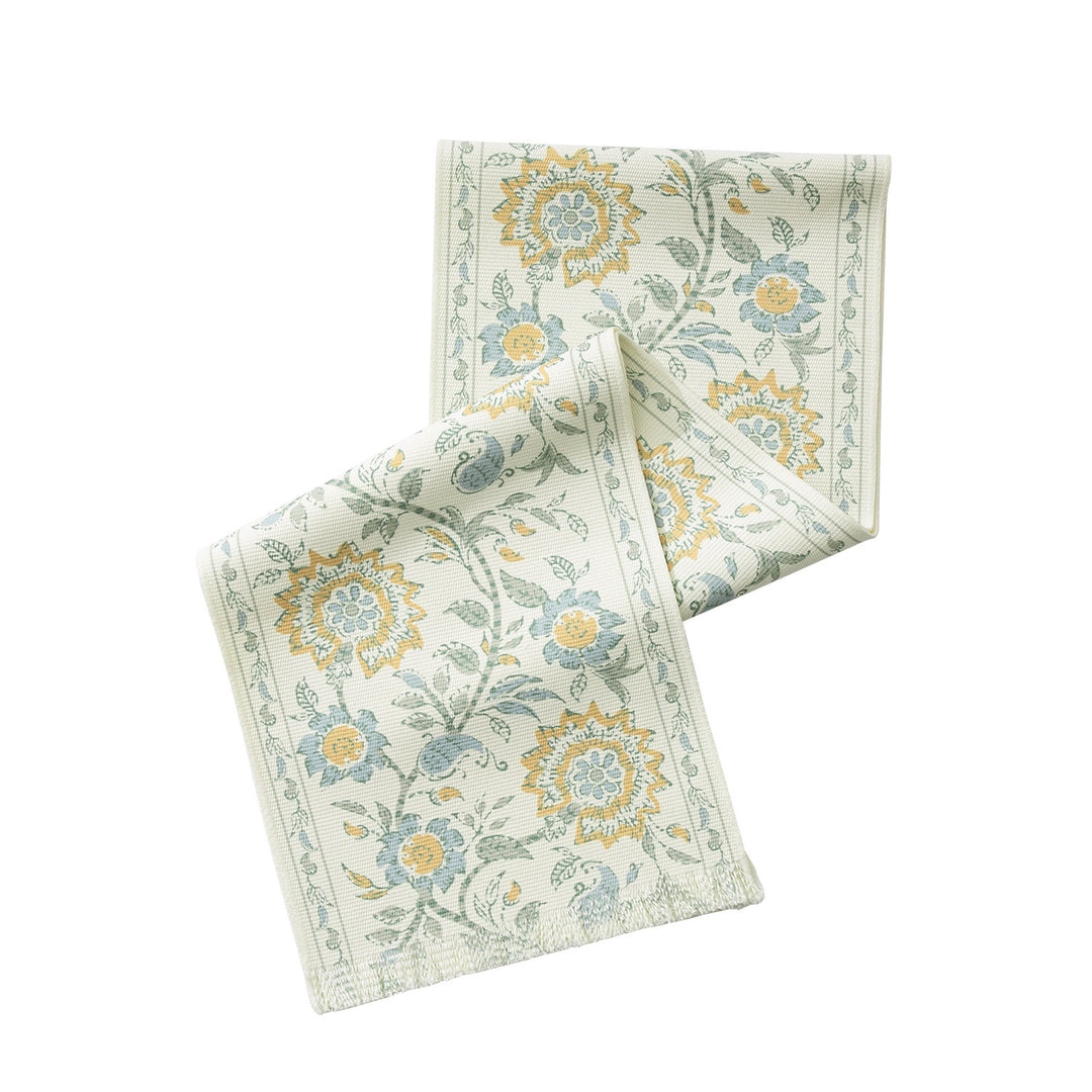 Woven decorative table runner with floral medallion borders and fringes Kalsten