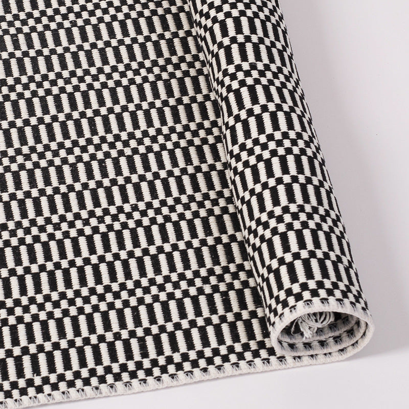 Flatwoven runner made of cotton blend with low pile and geometric check block pattern