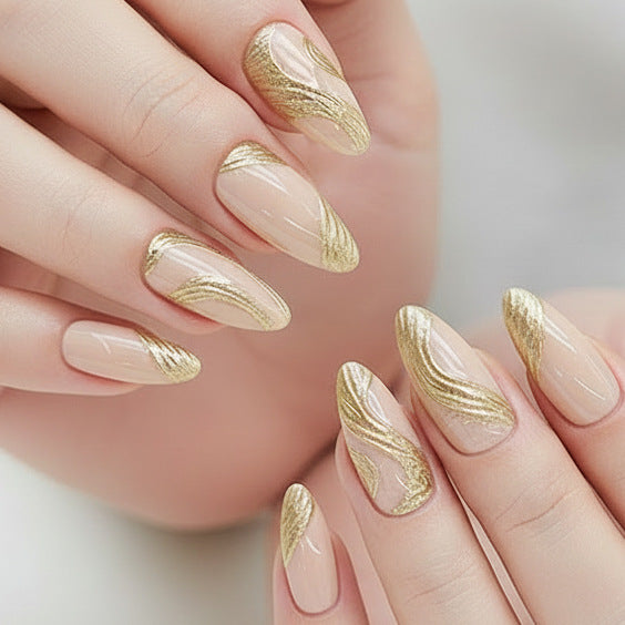 Artistic Press-On Nail Set with Gold Swirl Design Kalsten