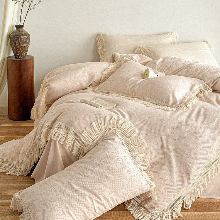 High-quality jacquard bed linen set with decorative fringed trim made of cotton satin