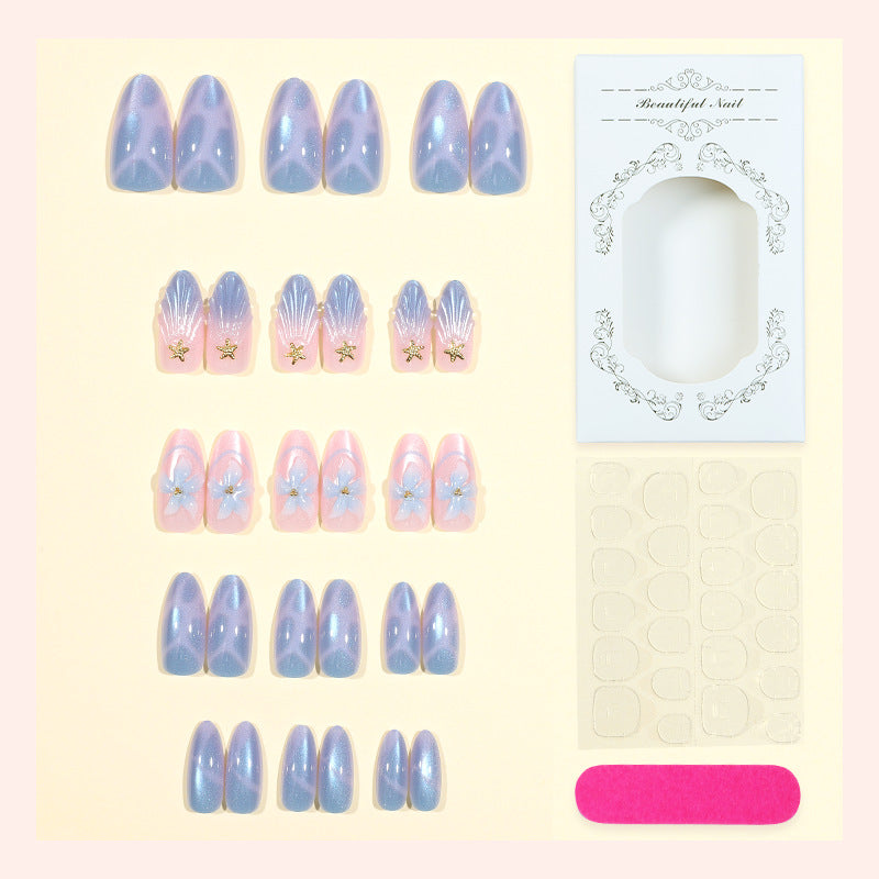 Artistic Press-On Nail Set with Iridescent Shell Accents kalsten