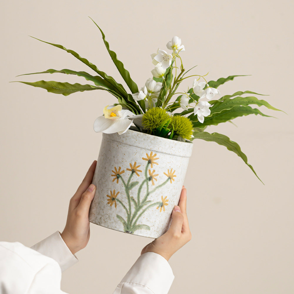 Decorative Flower-Embellished Ceramic Planter
