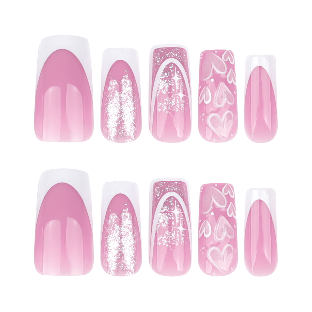 Artful Nail Extensions with Modern Glitter Design and Heart Accents Kalsten