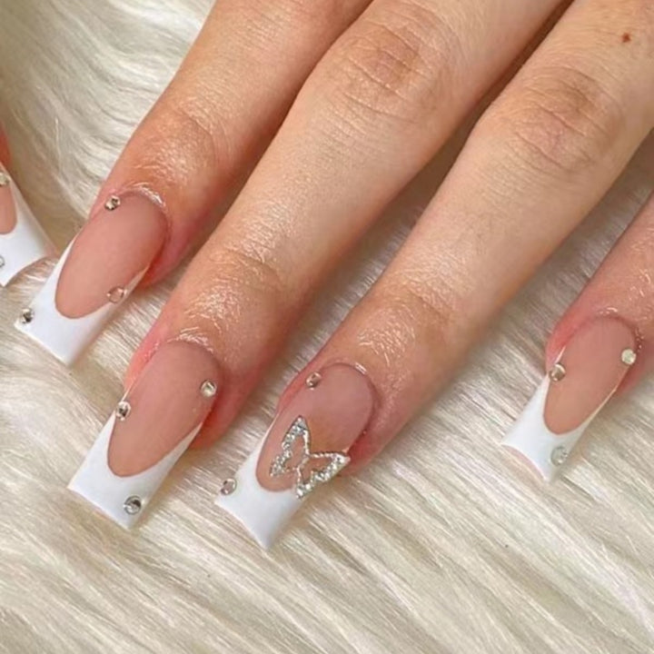 Elegant Glitter-Embellished French Tip Acrylic Nails Kalsten